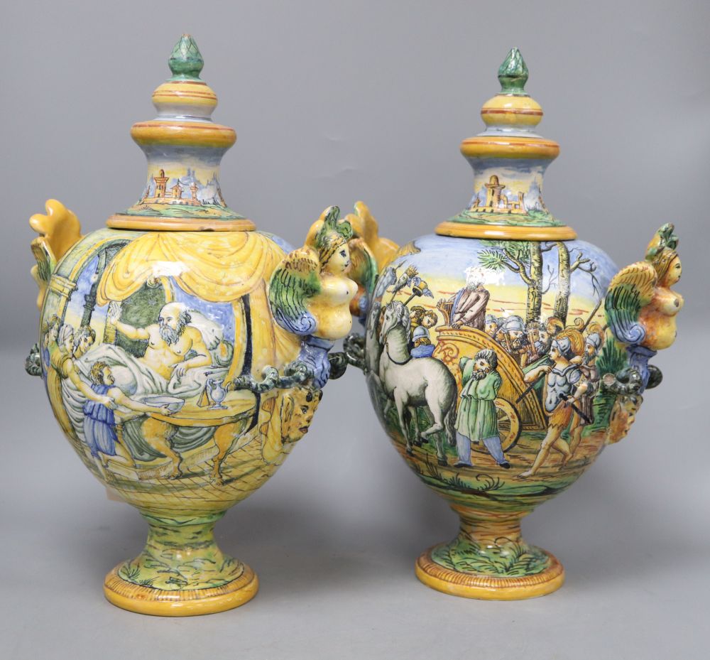 A pair of Italian maiolica vases and covers, height 37cm